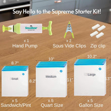 Load image into Gallery viewer, Sous Vide Bags with Pump 20pack Pint,Quart,Gallon Reusable Vacuum Food Storage Bags, Freezer Safe, Commercial Grade, Heavy Duty, BPA Free, Great for vac storage, or sous vide