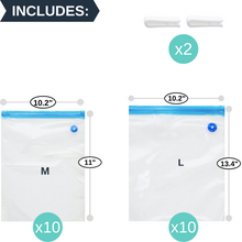 Load image into Gallery viewer, 20pack Reusable Vacuum Zipper Seal Bags Quart, Gallon Size for Sous Vide & Food Storage, 2 Sealing Clips