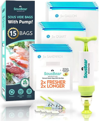 Sous Vide Bags with Pump 20pack Pint,Quart,Gallon Reusable Vacuum Food Storage Bags, Freezer Safe, Commercial Grade, Heavy Duty, BPA Free, Great for vac storage, or sous vide