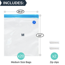 Load image into Gallery viewer, 20pack 1-Quart Reusable Vacuum Zipper Bags for Sous Vide &amp; Food Storage, 2 Sealing Clips