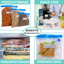 Load image into Gallery viewer, 20pack 1-Quart Reusable Vacuum Zipper Bags for Sous Vide &amp; Food Storage, 2 Sealing Clips