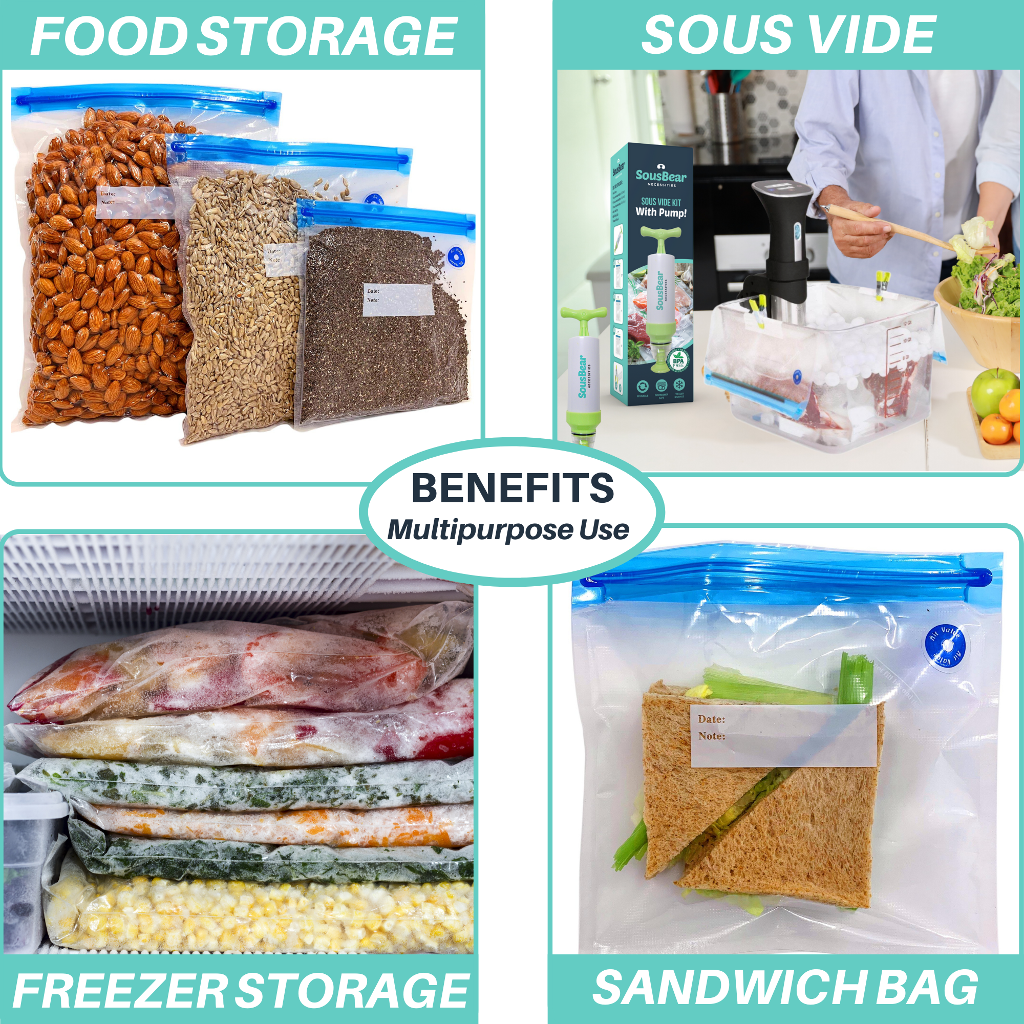 Sous Vide Bags Reusable 27Pcs, BPA Free Food Vacuum Sealer Bags, Food  Storage Bags, Vacuum Zipper Bags for Sous Cooking - 20Pcs Vacuum Food  Sealer