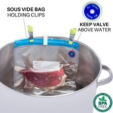 Load image into Gallery viewer, 20 1-Pint Reusable Vacuum Zipper Bags for Sous Vide Cooking &amp; Food Storage, Sandwich Size, 2 Sealing Clips